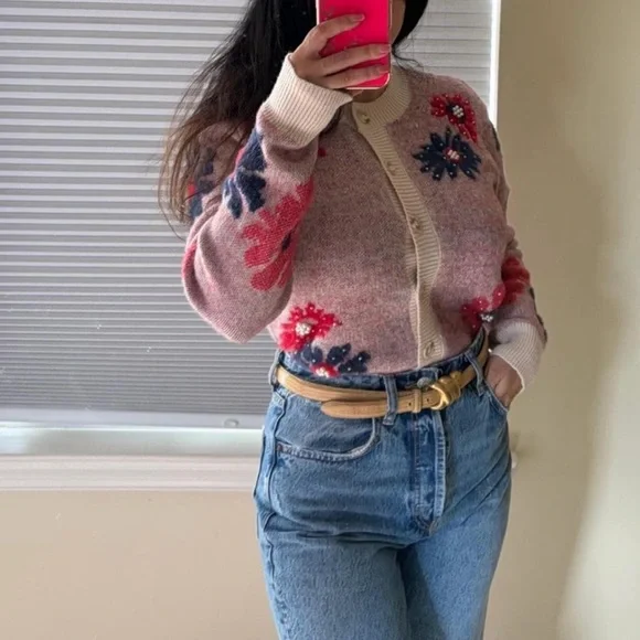 Nicole Miller cardigan sweater pearl floral topper jacket Spring small - Picture 6 of 8